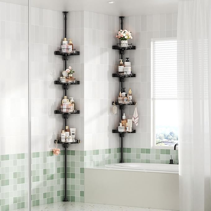 YCIA&DONE 360° Rotating Shower Caddy Tension Pole, 4 Tiers Corner Shower Organizer for Bathroom Shelf Bathtub, Adjustable Standing Shower Rack, Easily Assemble, 34-124 Inch Height, Black