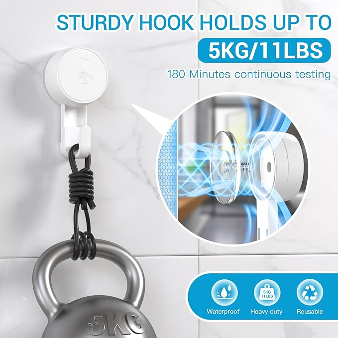 LUXEAR Heavy Duty Waterproof Shower Hooks 6 Pack - Suction Hook, No Drill Damage-Free Removable Reusable Wall Hooks for Bathroom Kitchen Towel Bathrobe Loofah Shower Hooks (Max Load 11LB/5KG)