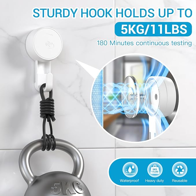 LUXEAR Heavy Duty Waterproof Shower Hooks 2 Pack - Suction Hook, No Drill Damage-Free Removable Reusable Wall Hooks for Bathroom Kitchen Towel Bathrobe Loofah Shower Hooks (Max Load 11LB/5KG)