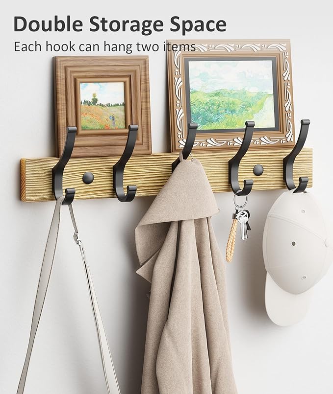 Optish Coat Rack Wall Mount, 16.5 Inches Wood Coat Hooks Wall Mount, Wall Coat Rack with 5 Hooks, Hat Rack Wall Hooks for Hanging Coat, Bag, Towel (2Pack, Natural)