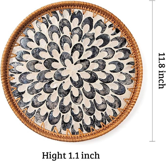 Round Rattan Tray with Mother of Pearl Inlay, Decorative Wicker Serving Tray with Wooden Base, Woven Basket Trays for Bread Fruits Coffee, Plume