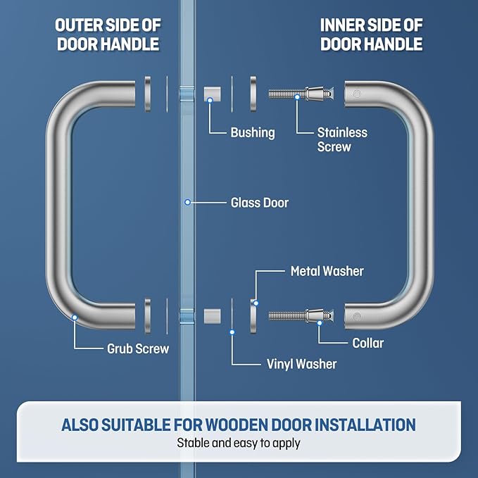 Ranbo Brushed Nickel 6" （CTC） Tubular Back-to-Back Shower Door Handle，3/4" Diameter Pull Handles with Metal Washers, for 1/4"- 1/2" Thick Glass and 1-3/8" - 2-1/6" Thick Wooden or Metal Doors