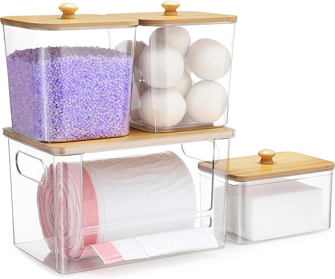 Extra Large Trash Bag Holder 4 Pack Garbage Bag Dispenser Roll Holder with Lid Laundry Room Organizer Under Sink Stackable Storage, Wall Mounted Laundry Dryer Sheet Holder Clear Pod Container