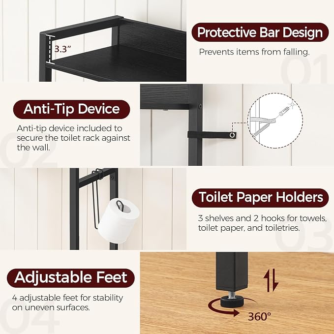 MAHANCRIS Over The Toilet Storage Rack, 3 Tier Bathroom Organizer Over Toilet, Freestanding Space Saver Toilet Stand with 2 Hooks, Bathroom Storage Shelf, Easy to Assemble, Black TSBK6001