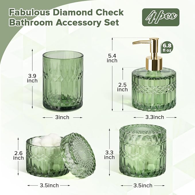 Green Bathroom Accessories Set, 4Pcs Green Bathroom Decor Accessory Sets Complete, Glass Soap Dispenser and Toothbrush Holder Set for Vintage Bathroom Countertop