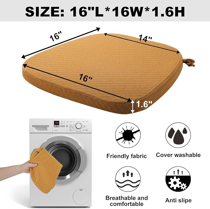 BUYUE Luxury 100% Pure Memory Foam Chair Cushion 1 Pack, Jacquard 16" U-Shape Comfortable Dining Chair Pad, Removable Slip Resistant Kitchen Chair Seat Cushion, (1 Piece, Ocher)