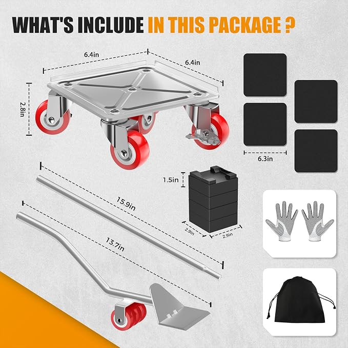 LOYAL TIGER 2000LBS Heavy Duty Furniture Dolly Movers Set with Lifter, 5-Wheel Carbon Steel Moving Rollers with Locking Casters for Refrigerator, Washer, Sofa & Cabinet(6.4 Inch, Silvery)