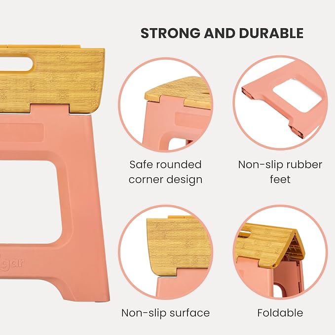Vigar Compact Folding Step Stool - 12-1/2 Inch Foldable Step Stool for Adults, Lightweight Portable Stool with Handle, Non Slip Step Stool, Space-Saving Stool up to 330 lb- Orange, Bamboo Print Top