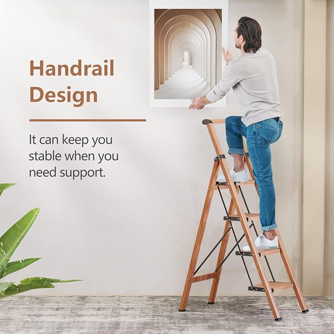 Folding Step Ladder, 4 Step Ladder with Anti-Slip and Wide Pedal, Lightweight Aluminum Step Stool with Handgrip, Space Saving Stepladder for Home and Kitchen, 300 lbs Capacity (Woodgrin