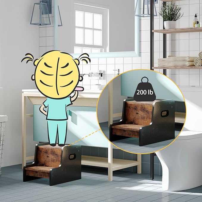 HOOBRO Step Stool for Kids, Two Step Toddler's Stool, Kids Potty Training Stool with Handles, Non-Slip Pads for Safety, Easy to Move, for Sink, Bathroom, Bedroom, Rustic Brown BF01JD01G3