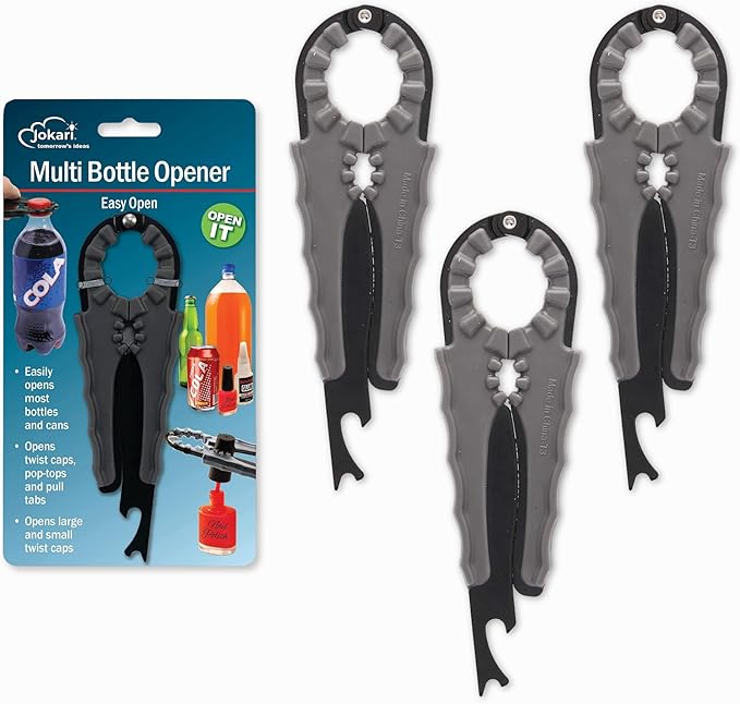 Jokari 3-Pack Multi Bottle Opener – Jar Lid Opener, Can Tab Lifter, Twist Cap Gripper – Ergonomic Kitchen Tool for Weak Hands or Arthritis – Opens Soda, Beer, Nail Polish, and More