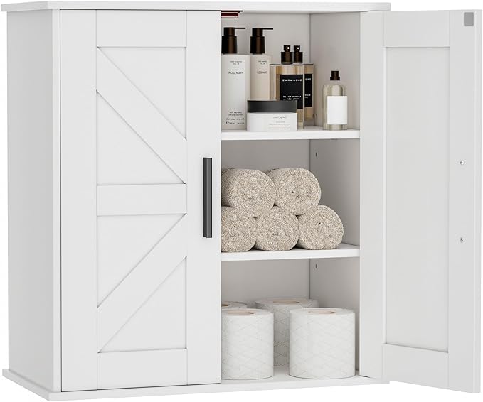 Homleke Bathroom Wall Cabinet, Over Toilet Storage Cabinet with Barn Doors and Adjustable Shelves, 3-Tier Medicine Cabinet Wall Mounted, for Bathroom, Kitchen, Entryway, Laundry Room, White, (11.8" D)