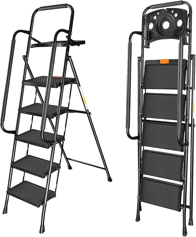 Valeo 5 Step Ladder with Handrails,500 Lbs Capacity,Folding Step Stool Ladder with Tool Platform,Wide Anti-Slip Pedal,Step Ladder 5 Step Folding,Multi-use for Home,Kitchen,Office,Black