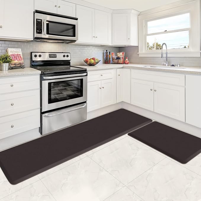 HappyTrends Kitchen Mat,17.3"x28"+17.3"x60" Chocolate, Cushioned Comfort Anti-Fatigue Waterproof Floor Mat Kitchen Rugs, Thick Perfect Ergonomic Foam Standing mat for Kitchen, Home, Office, Laundry
