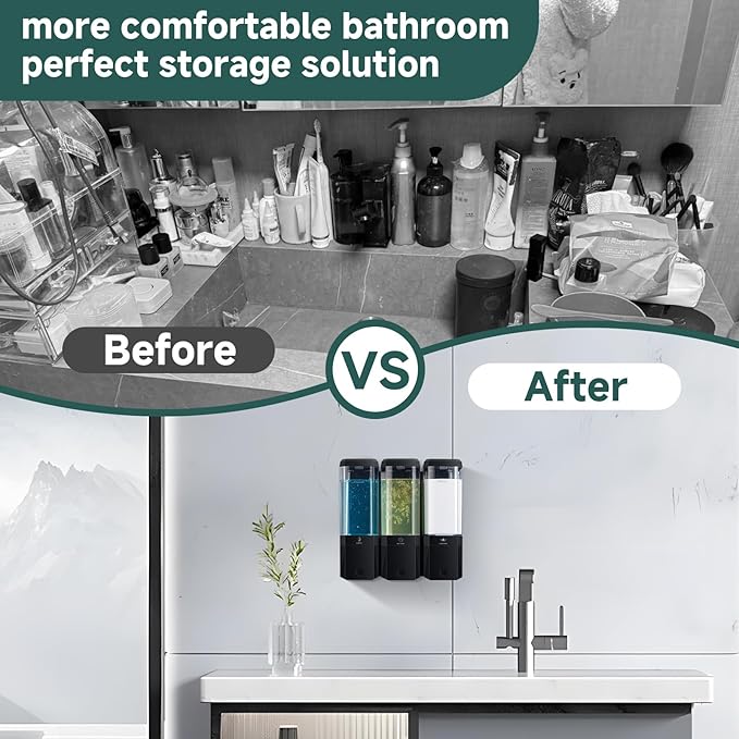 Shampoo and Conditioner Dispenser 3 Chamber No Drill Shampoo Dispenser for Shower Wall Mounted Shower Soap Dispenser 3 * 500ml Refillable Shower Dispenser for Bathroom Hotel(Black 3 Chamber)
