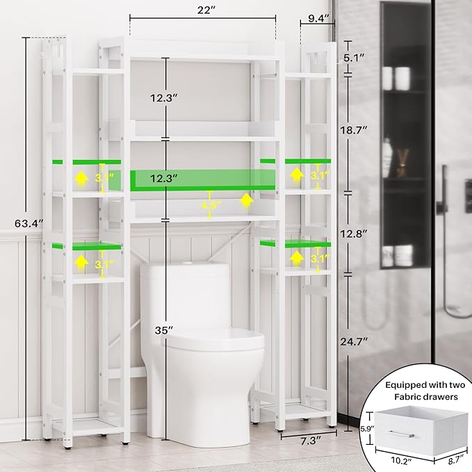 Besiost Over The Toilet Storage, 11 Tier Bathroom Organizer with Dual Side Racks and 2 Fabric Drawers, Adjustable Freestanding Rack Space Saver for Small Spaces, White