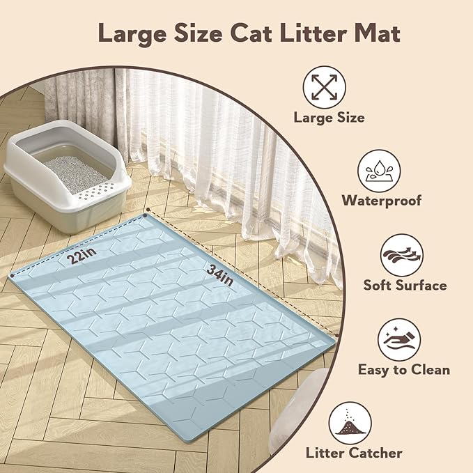 Garoopion Silicone Cat Litter Trapping Mat, Large Waterproof 34" X 22" Cat Litter Box Mat, Easy to Clean, Blue