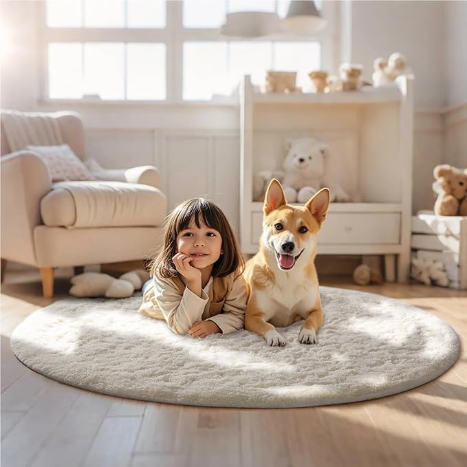 Ophanie Round Rugs 5Ft Ivory Circle Area Rug Washable, Nursery Living Room Decor Aesthetic Bedroom Home Circular Carpet 5 Foot, Fluffy Fuzzy Shag Plush Cream Rugs for Kids Boys Girls Teen Baby