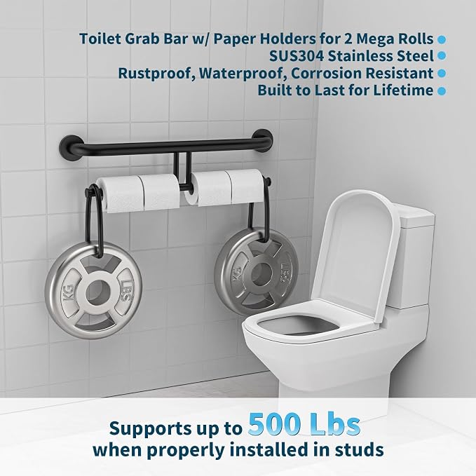 24 Inch Grab Bar w/Double Toilet Paper Roll Holder Black, iHansee Stainless Steel Shower Support Balanced Support Handle, Wall Mounted Safety Handrail Grab Rail for Elderly Senior Handicap Disabled