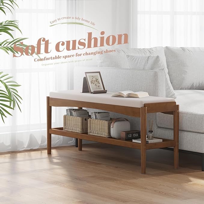 STDDRE Shoe Bench Entryway Bamboo 2-Tier Shoe Rack with Cushion Padded Seat Shoe Bench Organizer Stable for Entry, Hallway, Living Room, Bedroom, Closet (39.4 * 11.4 * 16.5IN, Brown-Beige)
