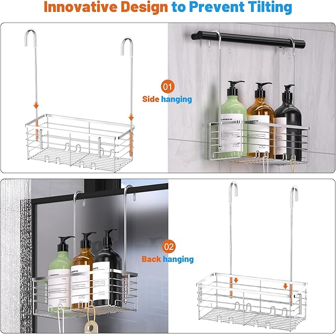 YUOROS Shower Caddy Hanging, Over the Door Shower Organizer Rack 304 Stainless Steel Rustproof Bathroom Storage Shampoo Holder Basket (Silver)