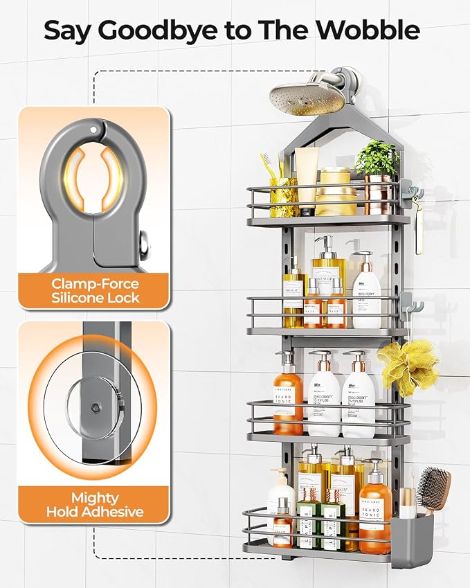 ODesign 4 Tier Height-Adjustable Shower Caddy Hanging Anti-Swing-Over The Shower Head Caddy-Showers Storage Organizer Bathroom Shelves Basket Showers Caddies-Grey