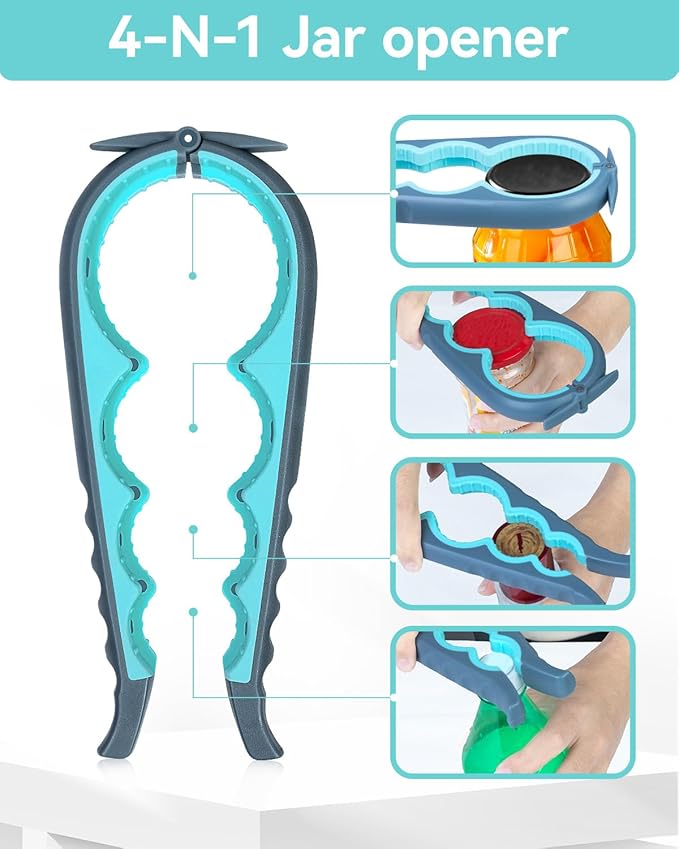 Jar Opener 3-Piece Set for Seniors with Arthritis, Multi-Function Can and Bottle Opener for Weak Hands, Ergonomic Non-Slip Kitchen Tool Set, Easy-to-Use, Thoughtful Gift for Elderly