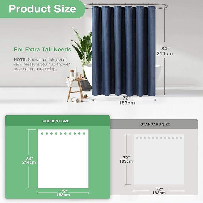 Dynamene Extra Long Shower Curtain,84 Inch Long Waffle Weave Weighted Thick Cloth Bathroom Shower Curtain, Neutral Heavy Duty Hotel Bath Curtain Set with 12 Plastic Hooks,72x84,Navy Blue