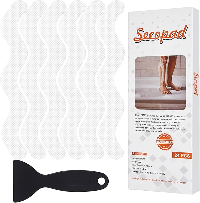 Secopad Patented Anti Slip Shower Stickers, 24PCS Adhesive Decals Safety Strips with Scraper for Bath Tub, Shower Floor, Stairs, White, 0.8"*8"