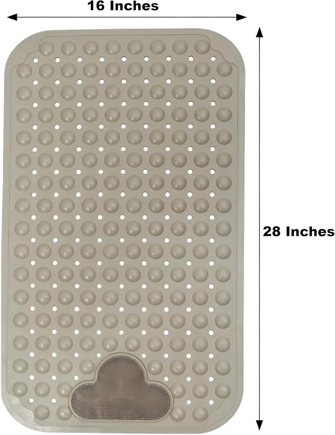 Bathtub Anti-Slip Mat Shower Mat with Suction Cups Drain Hole Foot Massage Bathroom Floor Mat 28x16 Inch (Khaki)