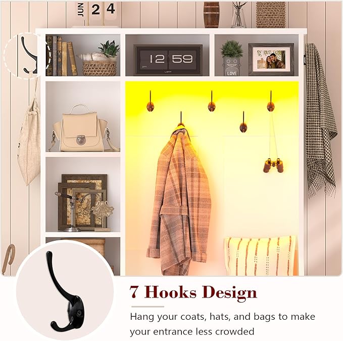 CSZZD White Hall Tree with Bench and Shoe Storage, Entryway Bench with Coat Racks and Led Lights, Farmhouse Tall Hall Tree with 7 Coat Hooks, 6 Storage Cubbies, Adjustable Shelf