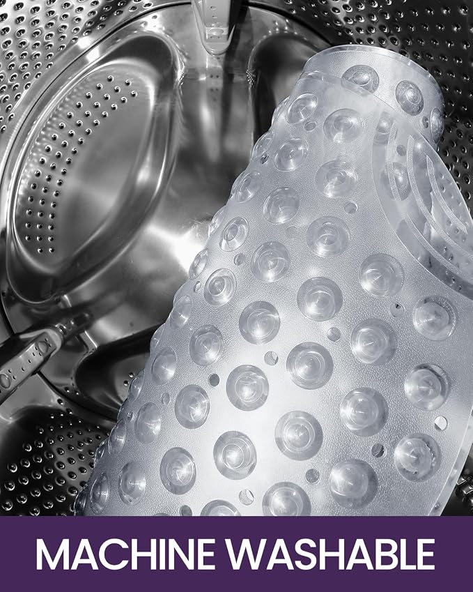 DEXI Bathtub Mat Non Slip 16x35, Shower Floor Mats for Bathroom Bath Tub, Washable Oval Bathmat with Suction Cups and Drain Holes, Clear