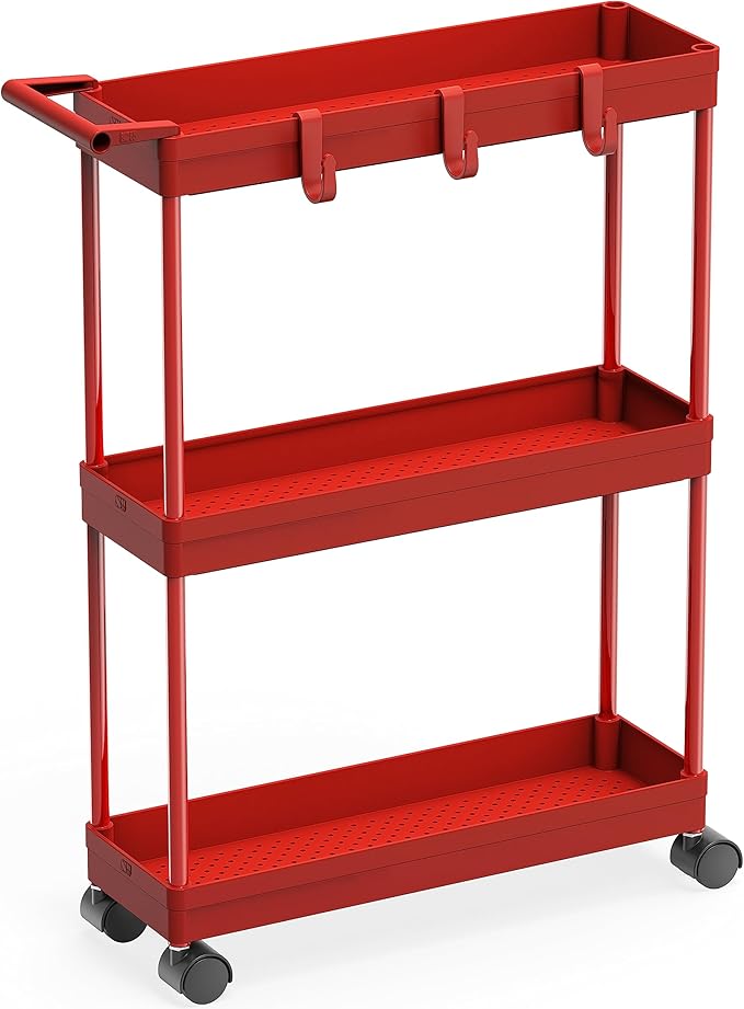 Simple Houseware 3-Tier Slim/Narrow Storage Cart with Handle, 5.5'' Wide x 27.5'' Height Rolling Organizer for Kitchen, Bathroom, Laundry Room - Red