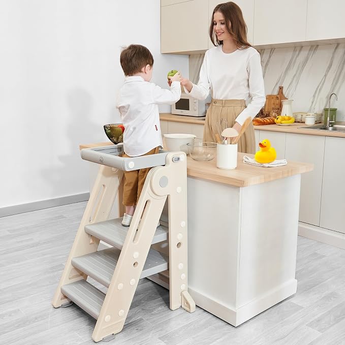 Forbena Foldable Toddler Tower Kitchen Learning Stool Helper, Montessori Kids Standing Tower for Counter, Collapsible Adjustable Baby Child Step Stool with Safety Net for Bathroom Sink (Grey)