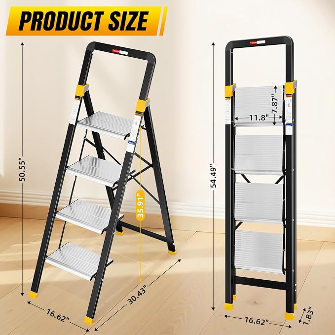 KINGRACK 4 Step Ladder, Aluminium Folding Step Stool with Anti-Slip Wide Pedals & Comfortable Handrail, 330lbs Load Capacity, Space Saving Design for Home & Kitchen, Sturdy and Portable, Silver