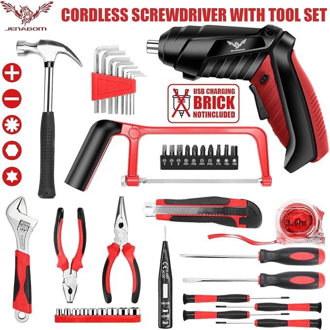 Tool Set, 43 Piece Home Tool Kit for Home with 3.6V Cordless Rechargeable Screwdriver,Basic Household Tool Kit Set for Apartment, College Dorm & DIY Projects