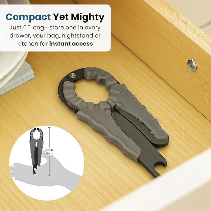 Jokari Multi Bottle Opener for Jars Bottles and Cans 3 in 1 Easy Grip Lid Opener for Weak Hands Twist Caps Pull Tabs Pop Tops and Small Lids Arthritis Aid Manual Kitchen Tool Black