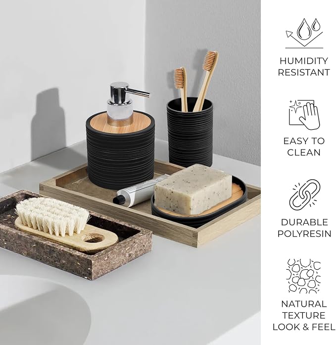 CERBIOR Bathroom Accessories Set Bath Ensemble Includes Soap Dispenser, Toothbrush Holder, Toothbrush Cup, Soap Dish for Decorative Countertop and Housewarming Gift (Black Spiricle)