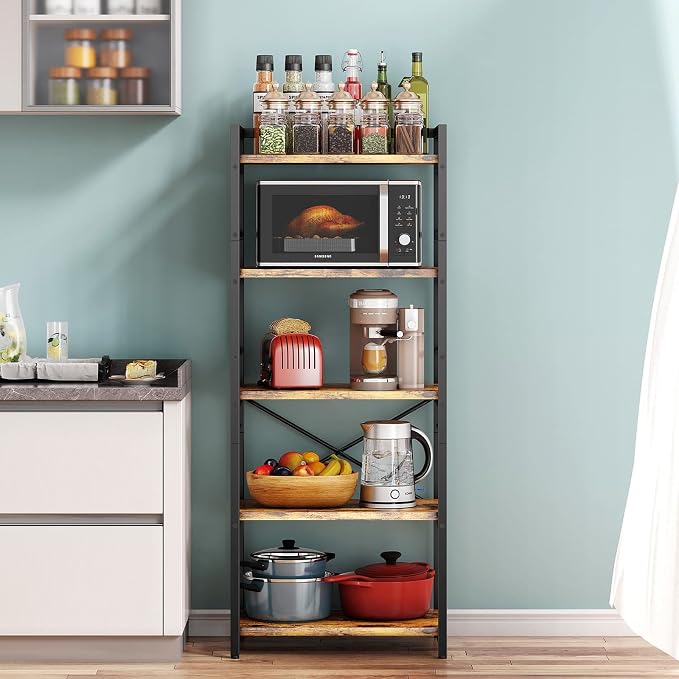Denkee 5-Tier Bakers Rack for Kitchen with Storage, Industrial Microwave Stand Shelf, Coffee Bar for Small Spaces, Free Standing Kitchen Storage Shelf Rack, 23.7" L x 15.8" W x 60.3" H