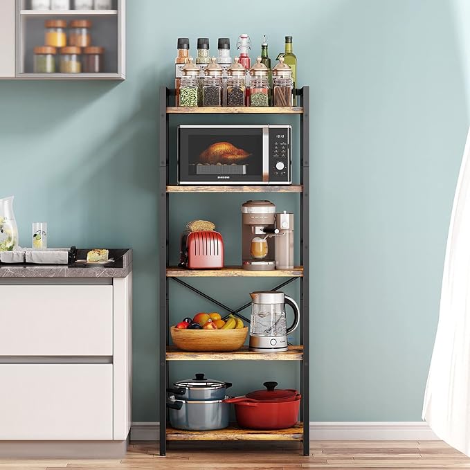 Denkee 5-Tier Bakers Rack with Storage, Kitchen Microwave Stand Shelf, Coffee Bar for Small Spaces, Free Standing Kitchen Storage Shelf Rack, 23.62" L x 15.75" W x 60.24" H