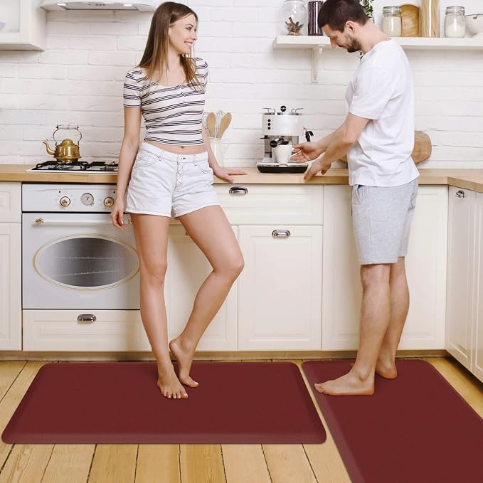 HappyTrends 2 PCS Kitchen Mat Cushioned Anti-Fatigue Floor Mat, Heavy Duty Ergonomic Comfort Foam Standing Mat, Waterproof Non-Slip Kitchen Rugs for Home, Office(17.3"x39"+17.3"x39",Red)