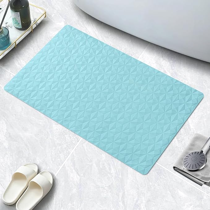 Bathtub Mat Non Slip - Natural Rubber Bath Tub Shower Safety Mat - 16 x 28 Inch Shower Mats with Suction Cups - Delicate Diamond Pattern - Softer - BPA Free - Machine Washable - Elegant Blue