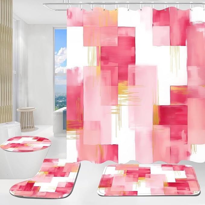 Yddsky 4 Pcs Pink and Gold Geometric Shower Curtain Sets Non-Slip Bath Rugs, Bathroom Accessories,Bathroom Sets with Shower Curtain and Rugs, Pink Geometric Modern Bathroom Decor with 12 Hooks
