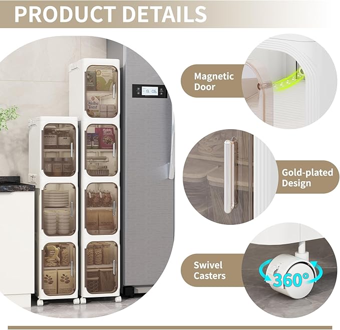 2-Tiers Slim Bathroom Storage Cabinet, Foldable Storage Cabinets,Narrow Bathroom Storage,Movable Bathroom Storage Organizer for Small Spaces,Bathroom,Kitchen,Laundry,White