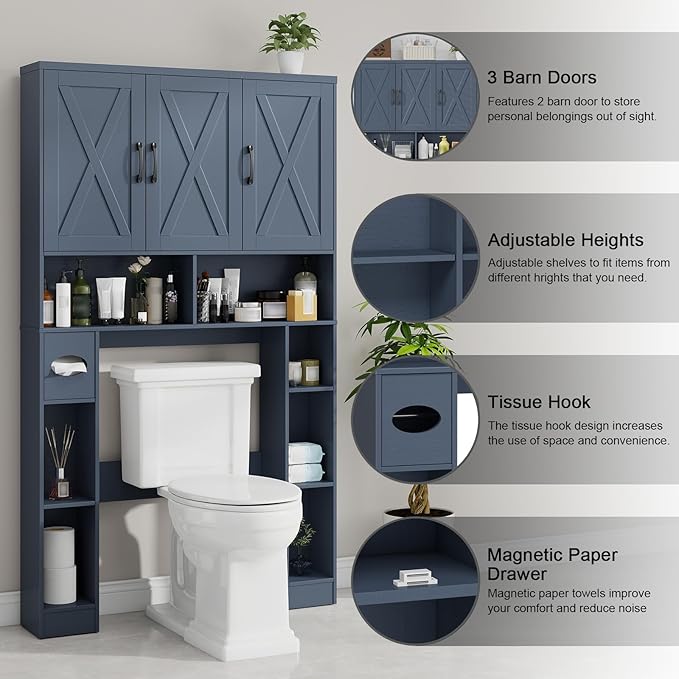 Over The Toilet Storage Cabinet, Farmhouse Toilet Cabinet Rack with 3 Barn Doors, Space Saving Bathroom Organizer with Shelves, Toilet Paper Holder and Towel Rack for Bathroom,Restroom,Laundry,Blue
