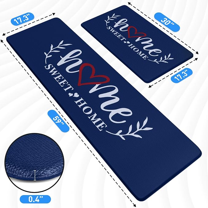 HappyTrends Kitchen Mat for Floor, 2PCS Cushioned Anti-Fatigue Kitchen Rugs, Waterproof Non-Slip Standing Mats and Rugs Set for Kitchen, Office, Laundry, Navy, 17.3"×30"+17.3"×59"
