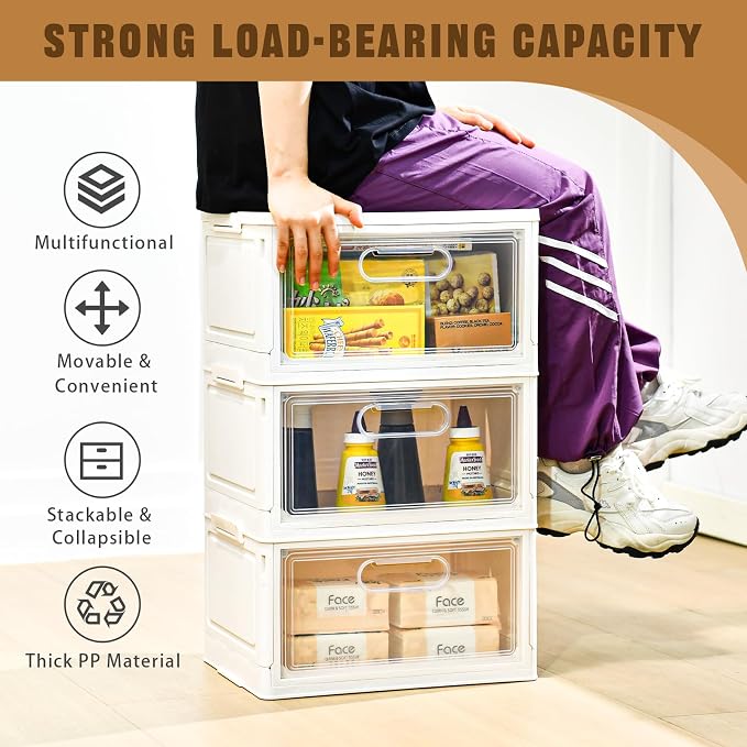 Freebat 4-Tier Stackable Storage Bins with Lid, 23QT Storage Containers,Clear Foldable Plastic Drawer Storage on Wheels,Closet Organizers and Storage for Living Room,Bedroom,Office,Dorm