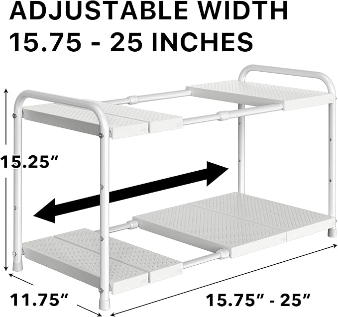 Simple Houseware Under Sink 2 Tier Expandable Heavy Duty Metal Shelf Organizer Rack, White (Expand from 15 to 25 inches)