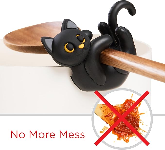 Black Cat Spoon Rest for Stove Top – Silicone Pot Clip Utensil Holder & Lid Lifter – Funny Kitchen Gadget, Unique Witchy Cat Gifts for Women & Halloween – 3" x 2.5"