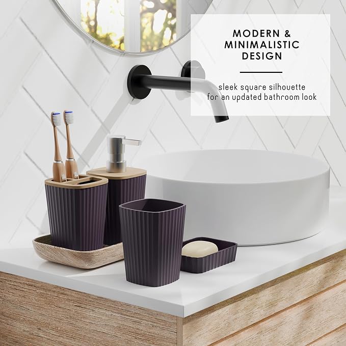 Clara Clark Bathroom Set - Purple Bathroom Accessories Set, 6PC Bathroom Accessory Set, Bathroom Sets with Toilet Brush, Trash Can & Soap Dispenser